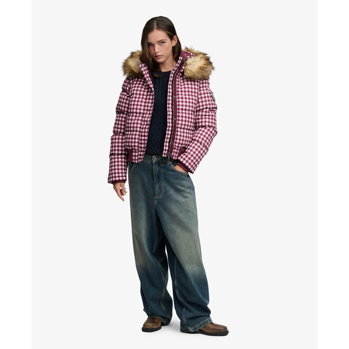Veste Bomber Everest Check à Capuche Coupe Ajustée vichy mûre/crème, SUPERDRY