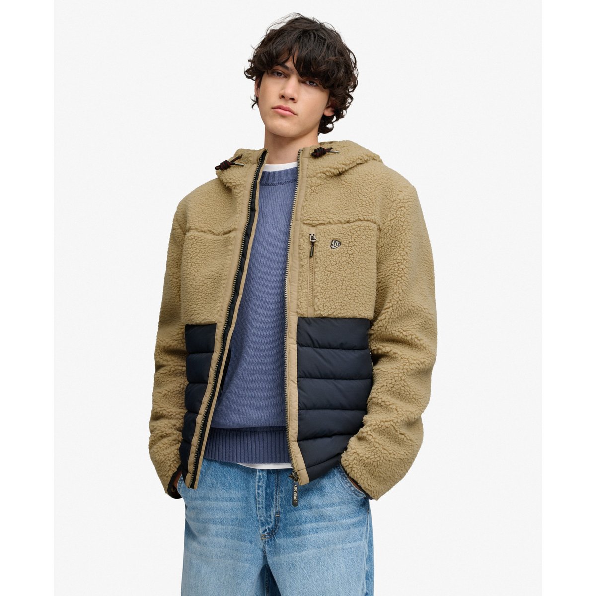Veste Hybride Matelassée à Capuche Outdoor Borg chiné poivre blanc/bleu marine éclipse, SUPERDRY