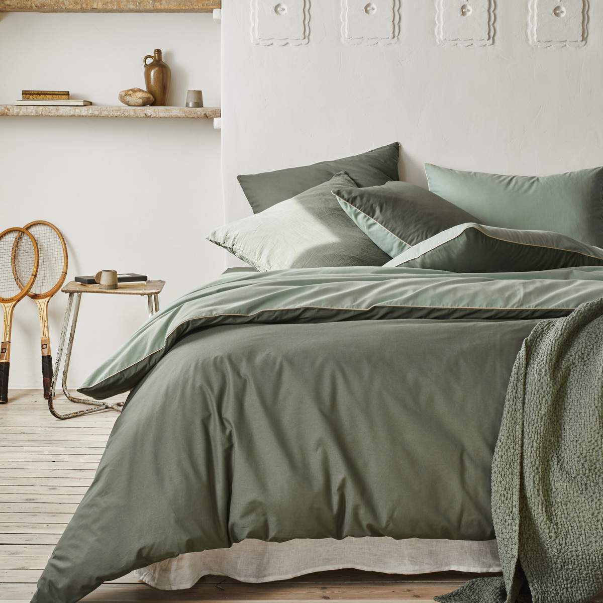Parure de lit bicolore en coton, taies carrées, BONS JOURS vert palme/ vert aloe, ESSIX
