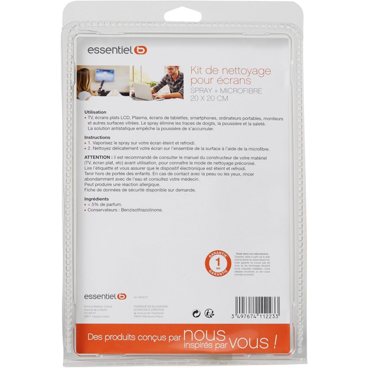 Kit de nettoyage spray 125ml+micro fibre 20x20cm couleur unique, ESSENTIEL B