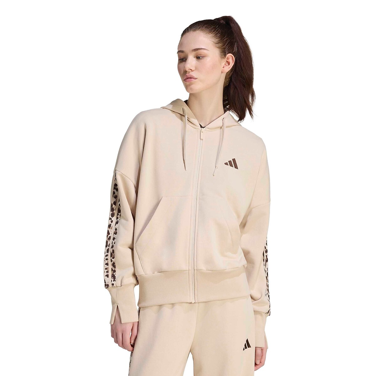 Sweat zippé à capuche manches longues imprimées léopard Essentials beige/léopard, ADIDAS SPORTSWEAR