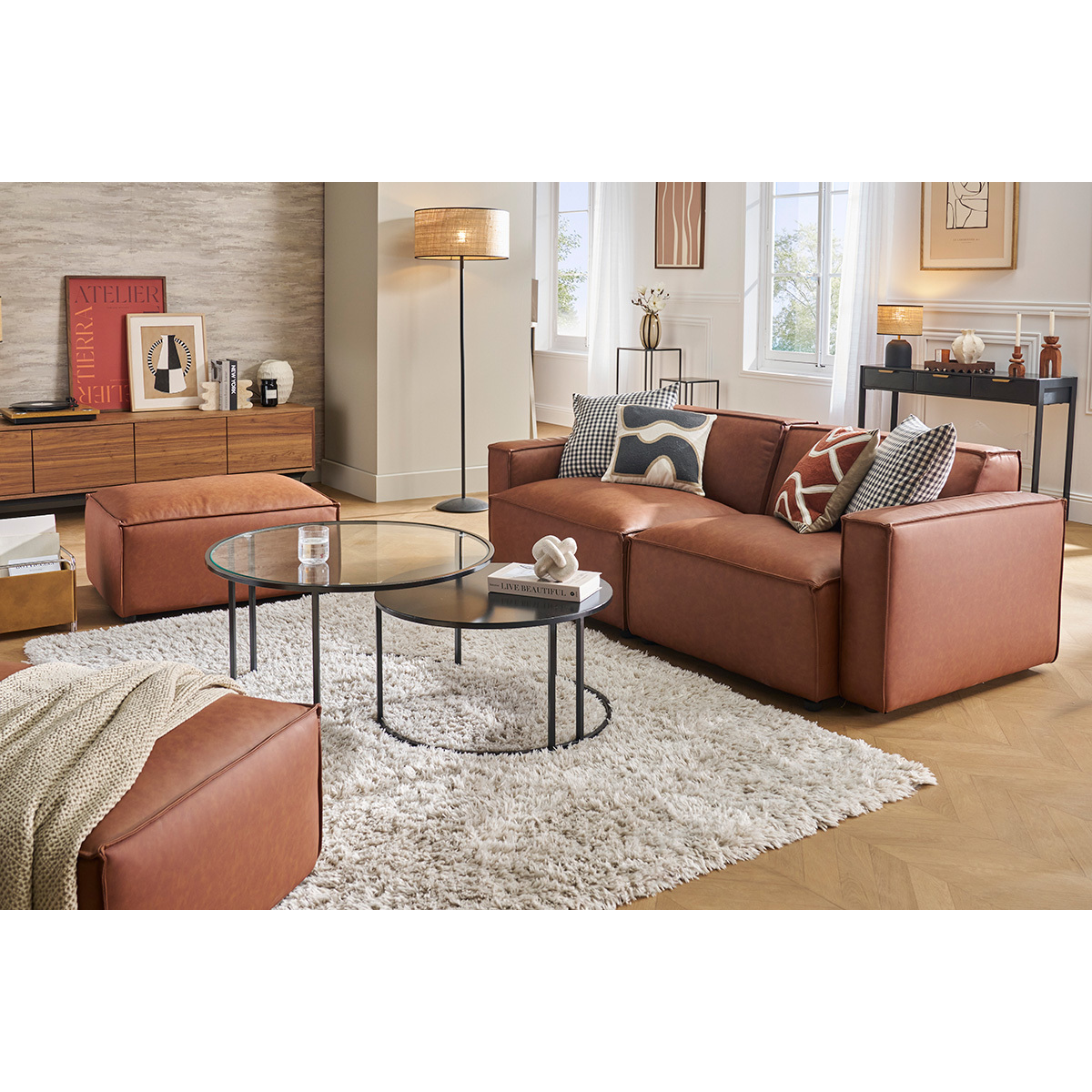 Module d'angle gauche pour canapé en tissu chenille beige SPLIT marron, MILIBOO