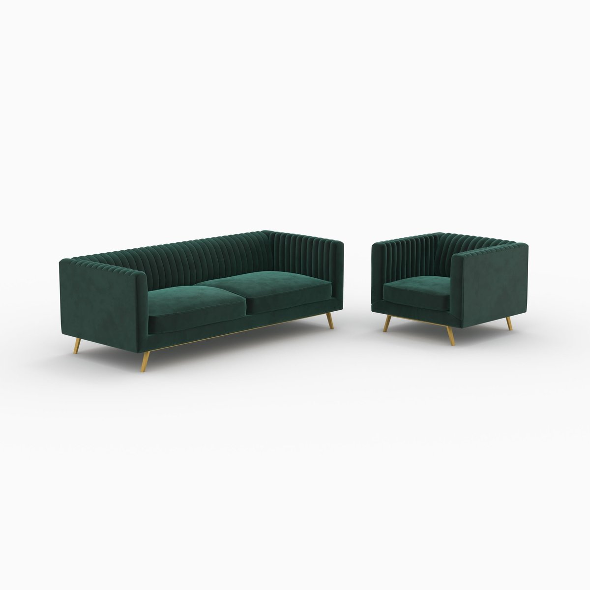 Ensemble canapé et fauteuil en velours 4 places - GATSBY vert, MAISON PAVANE