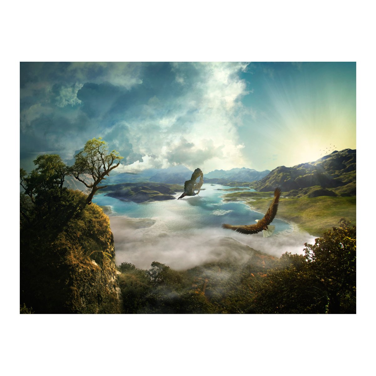 Papier peint intissé panoramique Fantaisie Vol au-dessus du lac gris / argent, EDEN