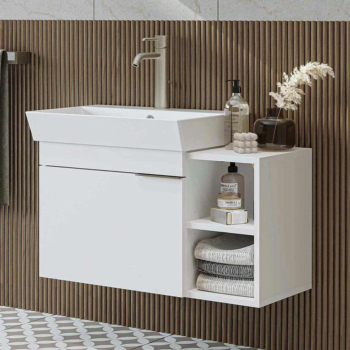 Meuble vasque suspendu 82 cm, 1 porte 2 niches NORIA blanc, PIER IMPORT