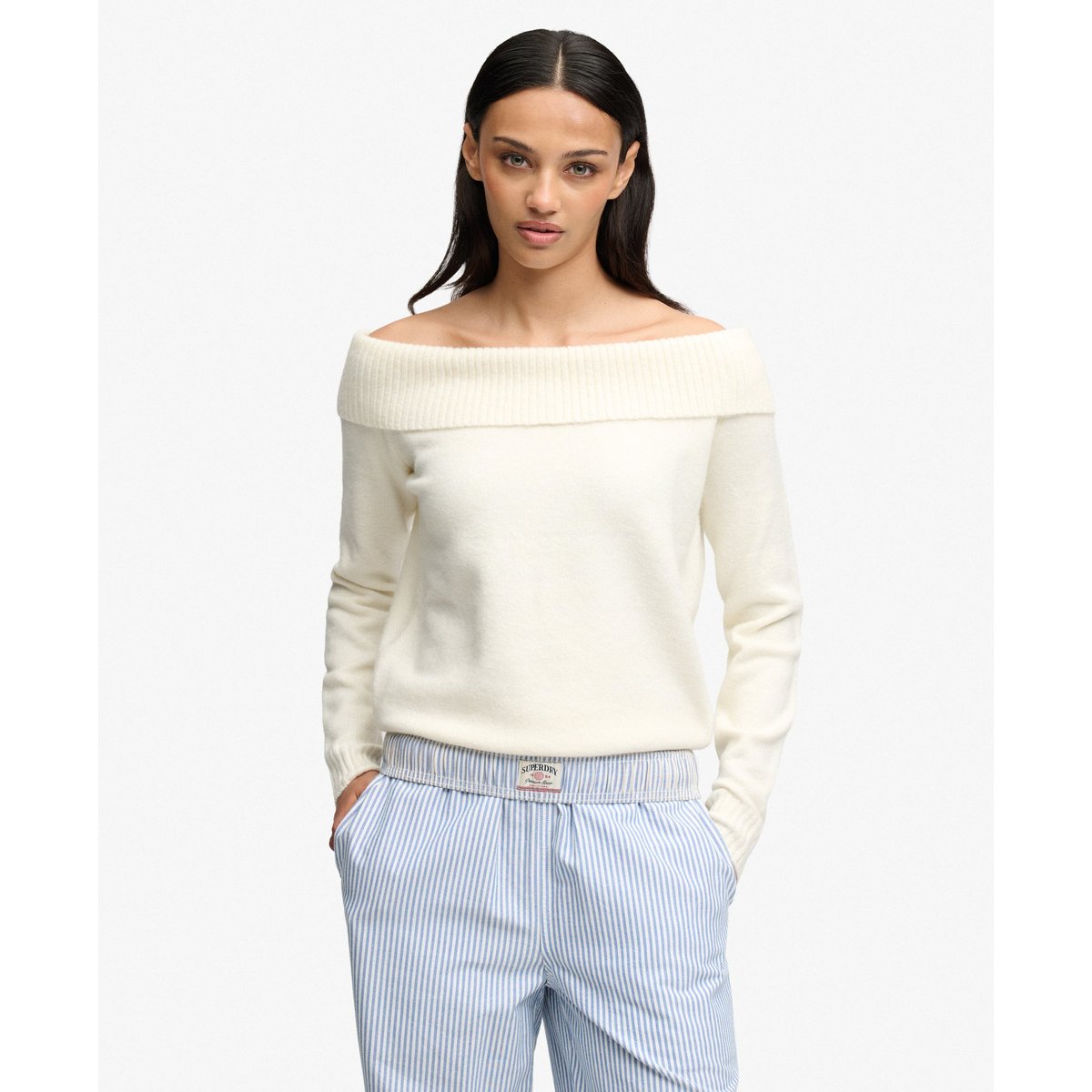 Pull Bardot Maille Coupe Ajustée blanc cassé os du désert, SUPERDRY