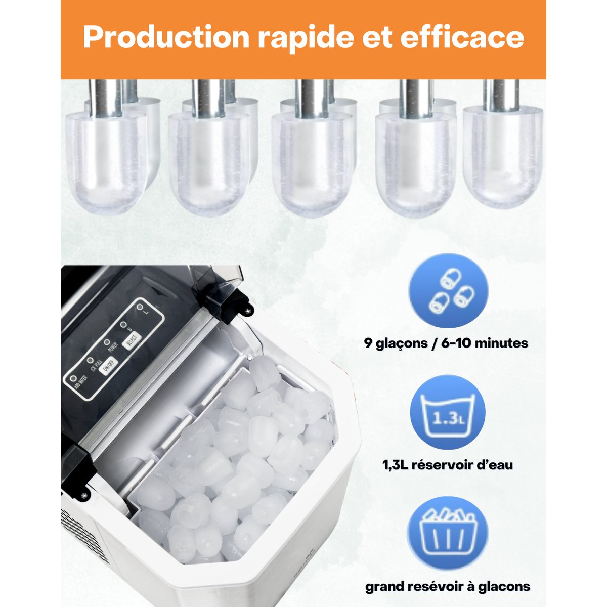 Machine à glaçons électrique portable – Glaçons en 6 min pour apéros et cocktails – 12Kg/24h – Réservoir 1,3 L gris, SENYA