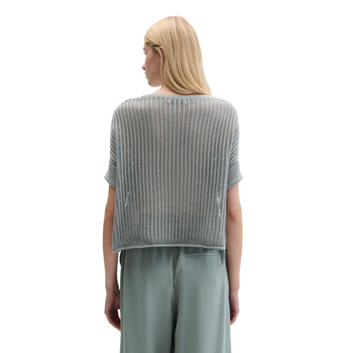 Pull-over en maille à manches courtes boxy en mélange coton organique-lin gris, MARC O'POLO