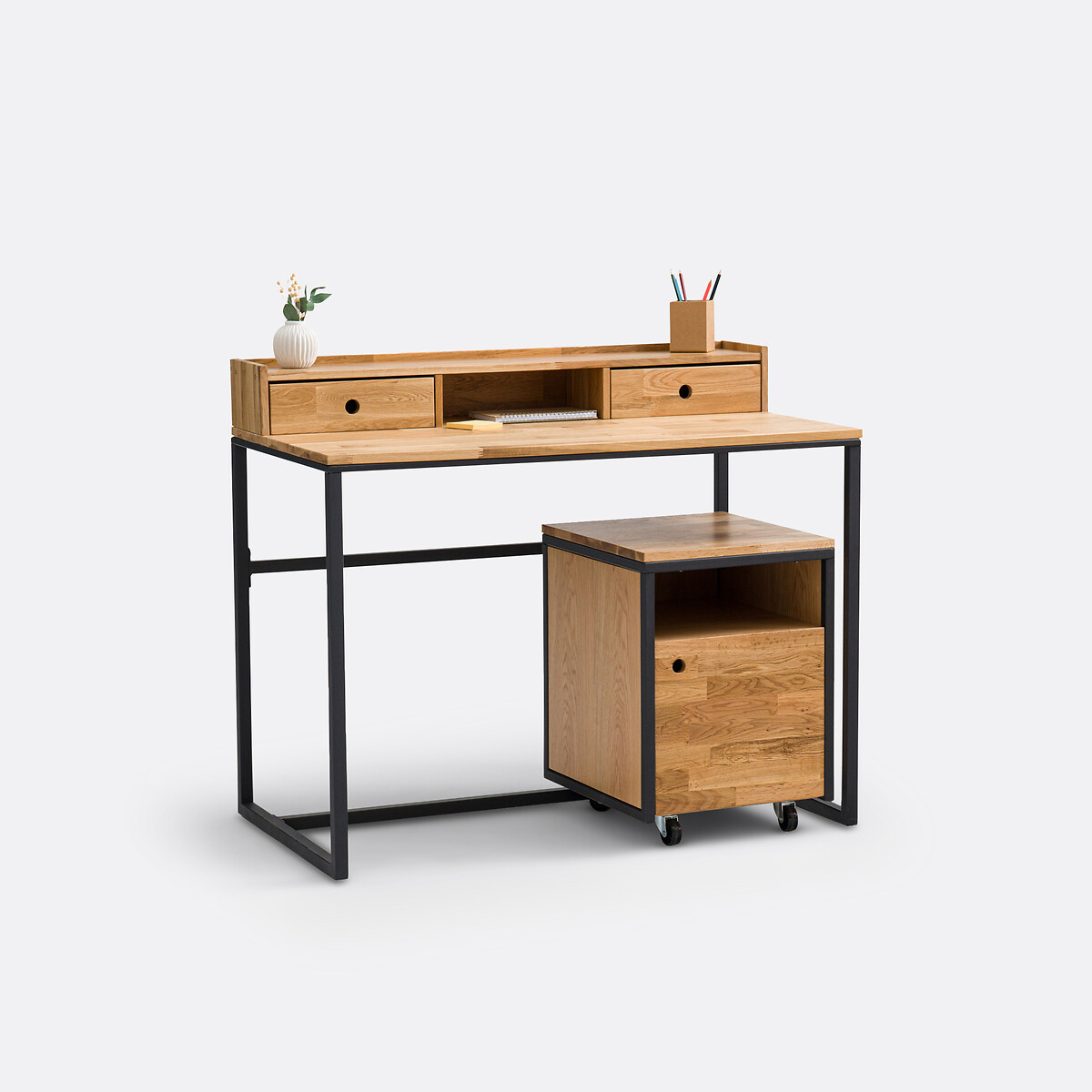 Bureau chêne et plaqué, avec petite réhausse, Hiba chêne/noir, LA REDOUTE INTERIEURS