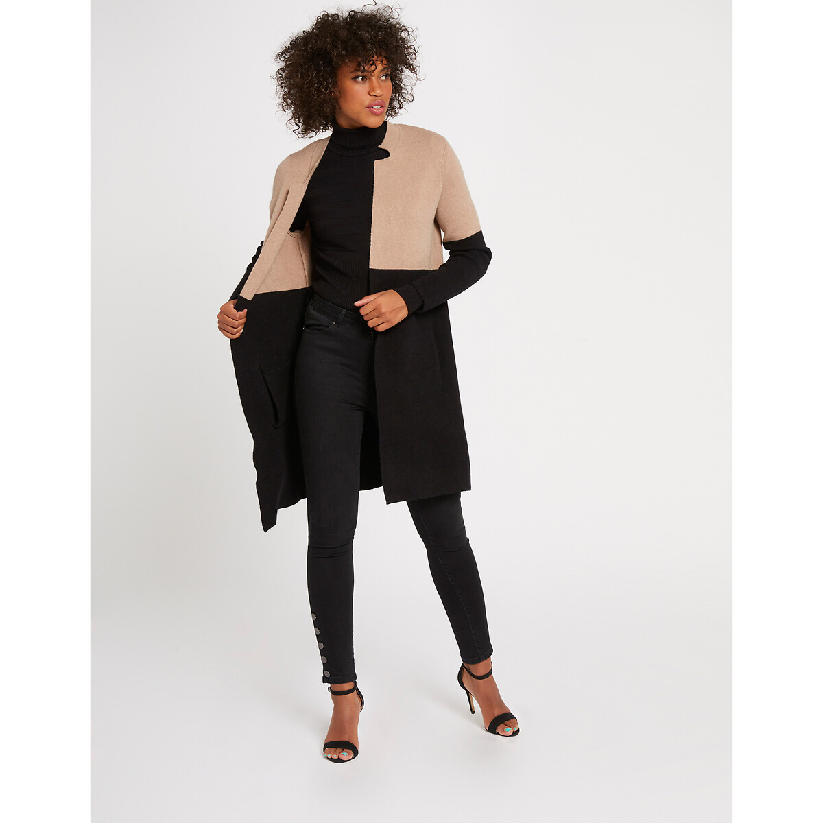 Gilet long bicolore camel/noir, MORGAN