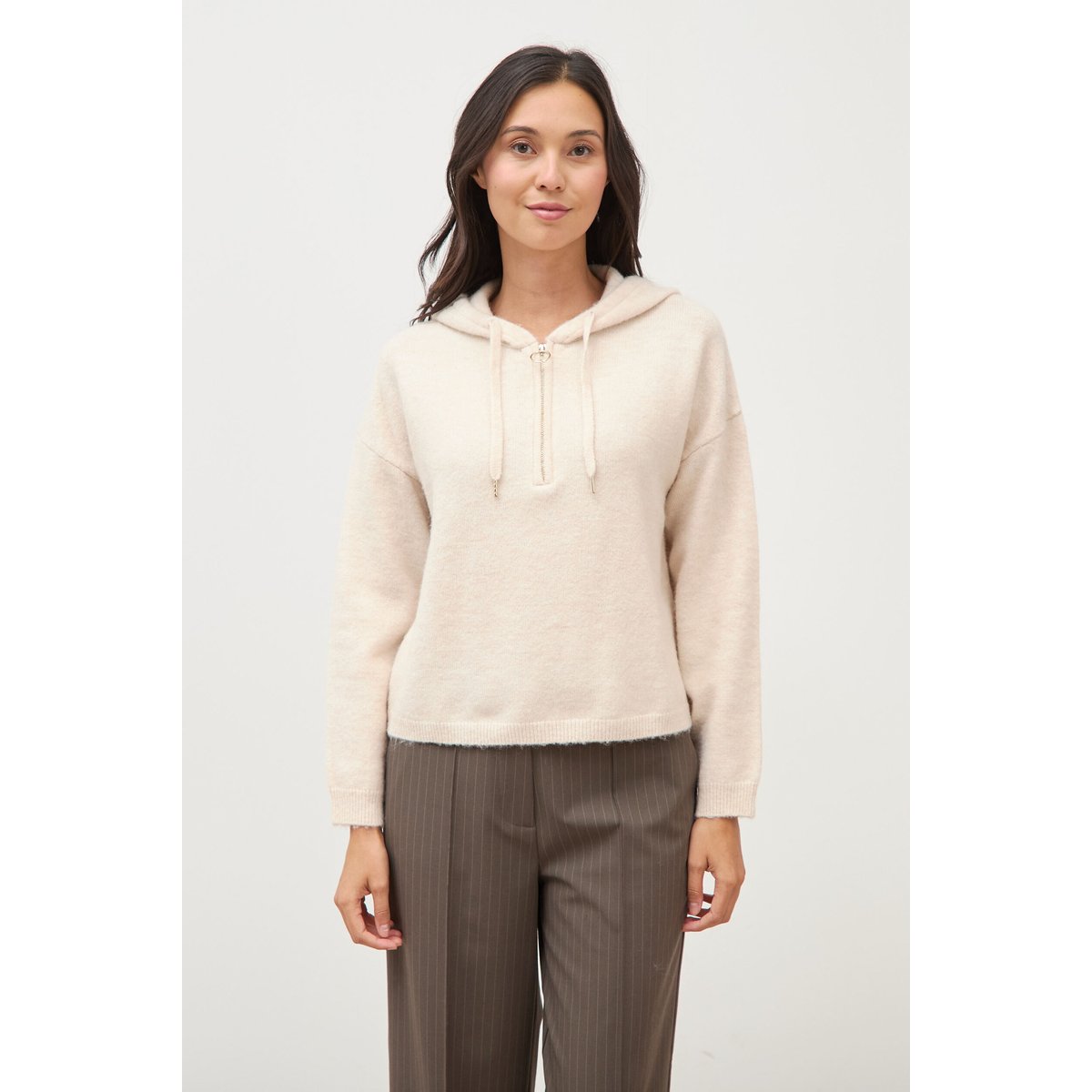 Pull à capuche zippé beige, BONOBO