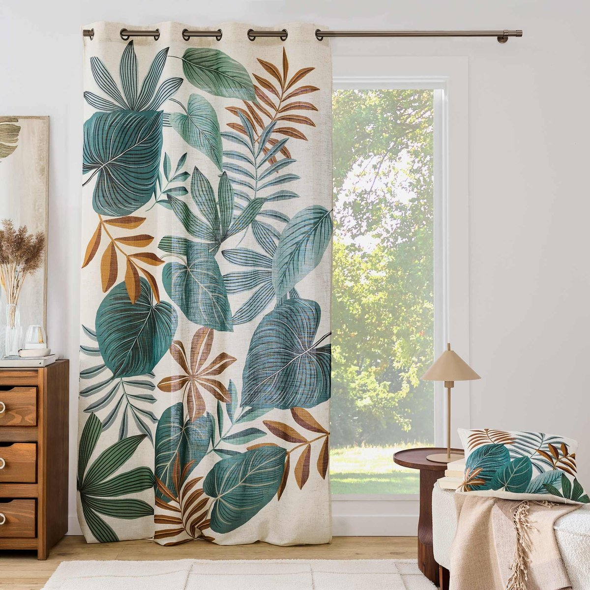 Rideau tamisant à œillets en poly-lin imprimé à motif tropical vert, DOUCEUR D'INTÉRIEUR