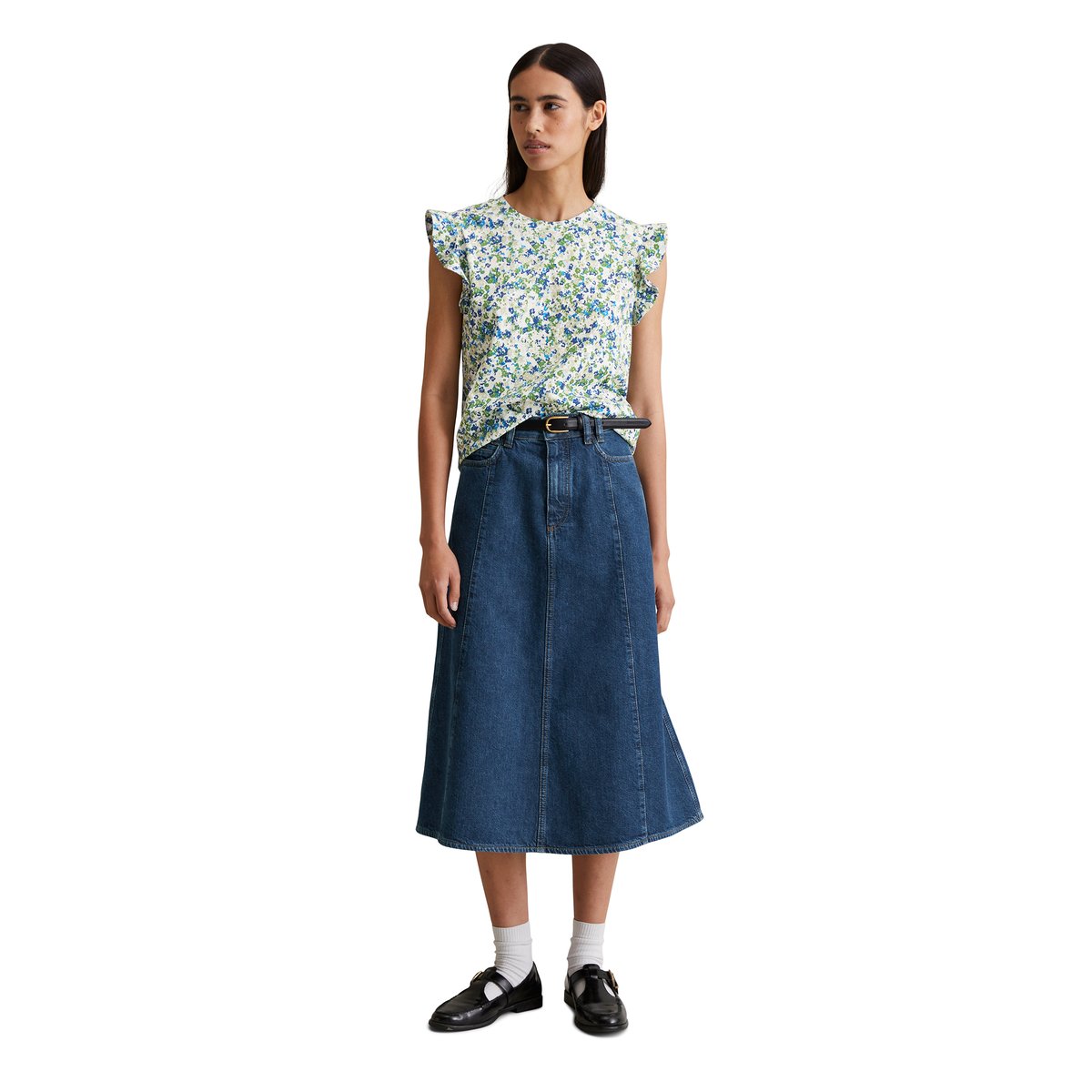 T-shirt à volants loose avec imprimé allover bleu moyen, MARC O’POLO DENIM