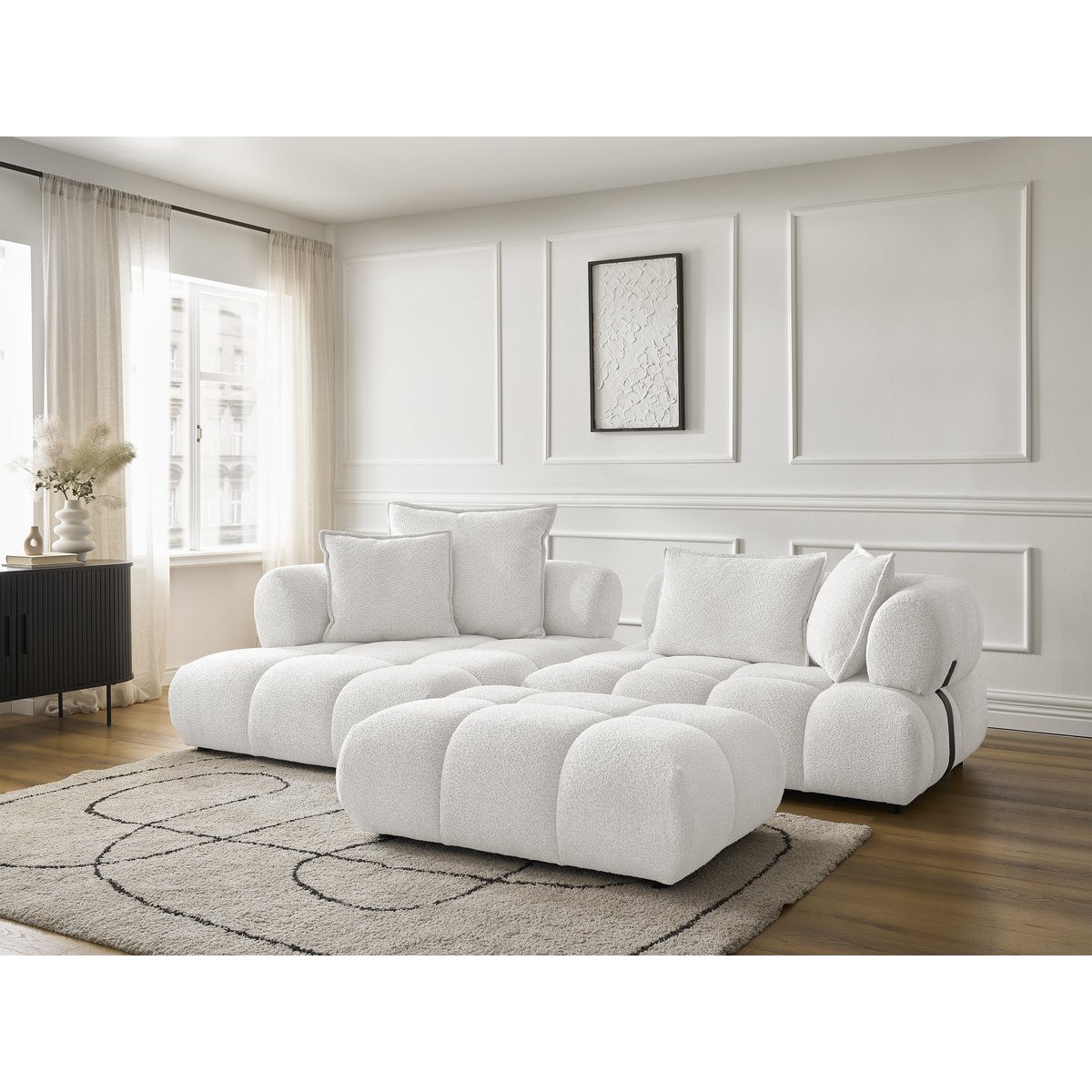 Canapé d'angle fixe 4 places en tissu bouclette avec pouf, ALYA blanc, BOBOCHIC