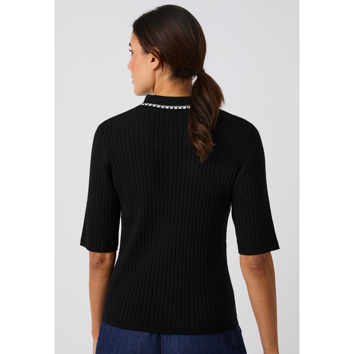 Pull col polo maille côtelée noir, DAMART