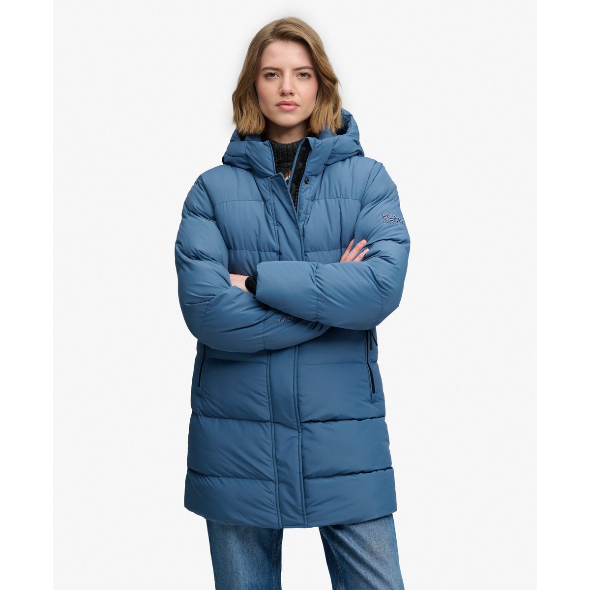 Doudoune Mi-longue à Capuche Sports bleu ardoise sec, SUPERDRY