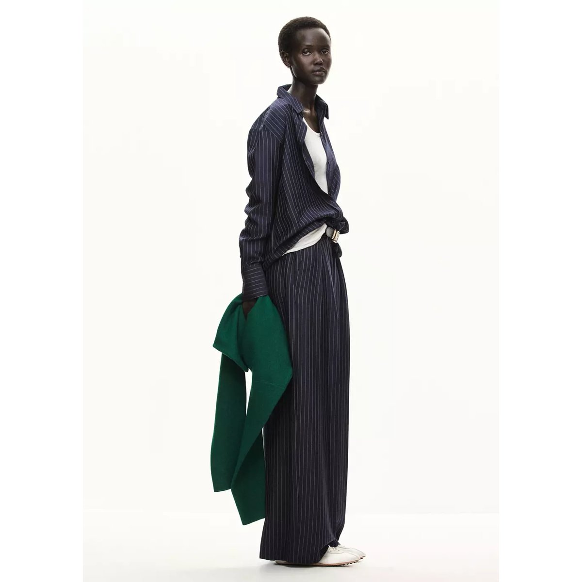 Pantalon wide leg à rayures tennis en contraste bleu marine, MANGO