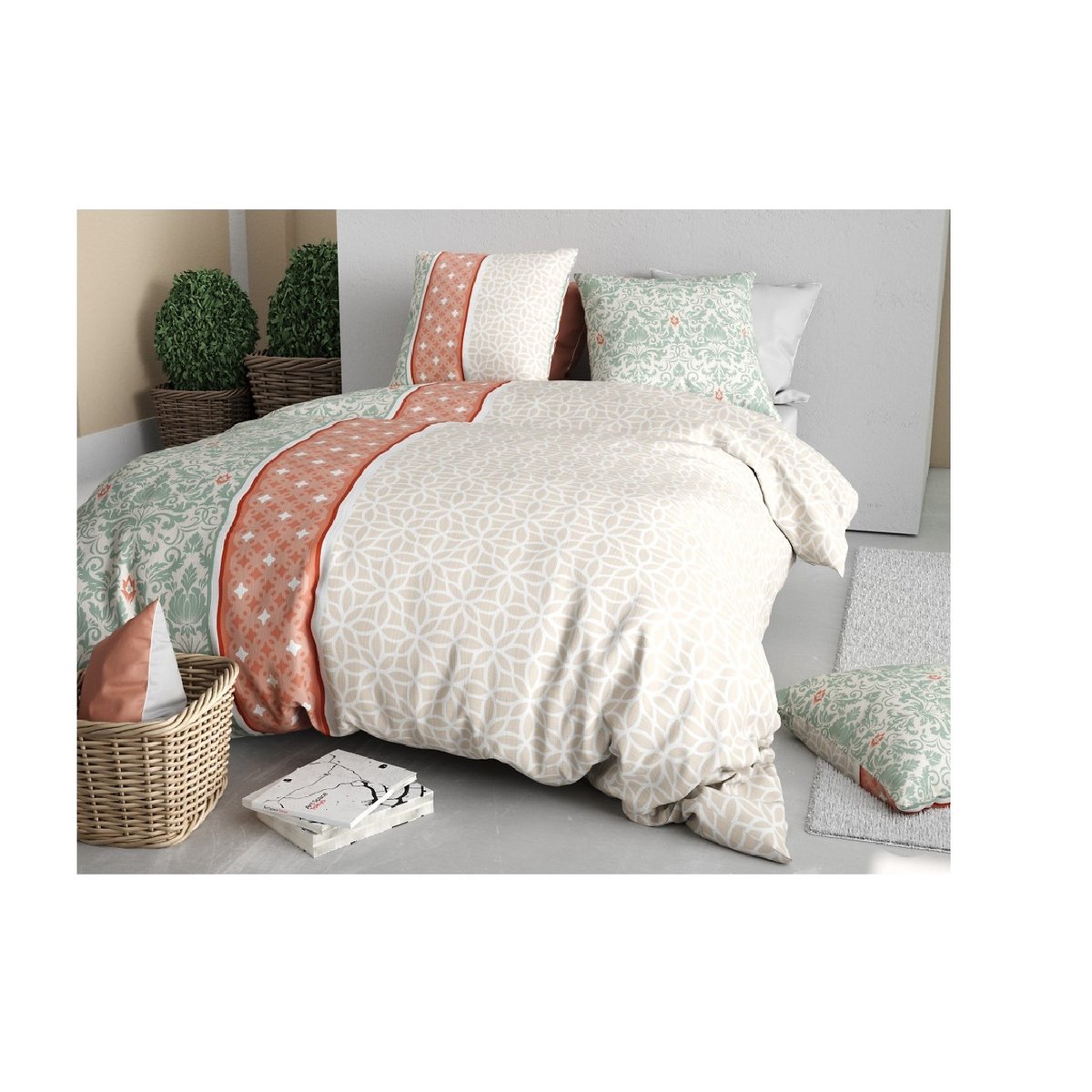 Housse couette + taie Arabesque beige rose vert, EDEN