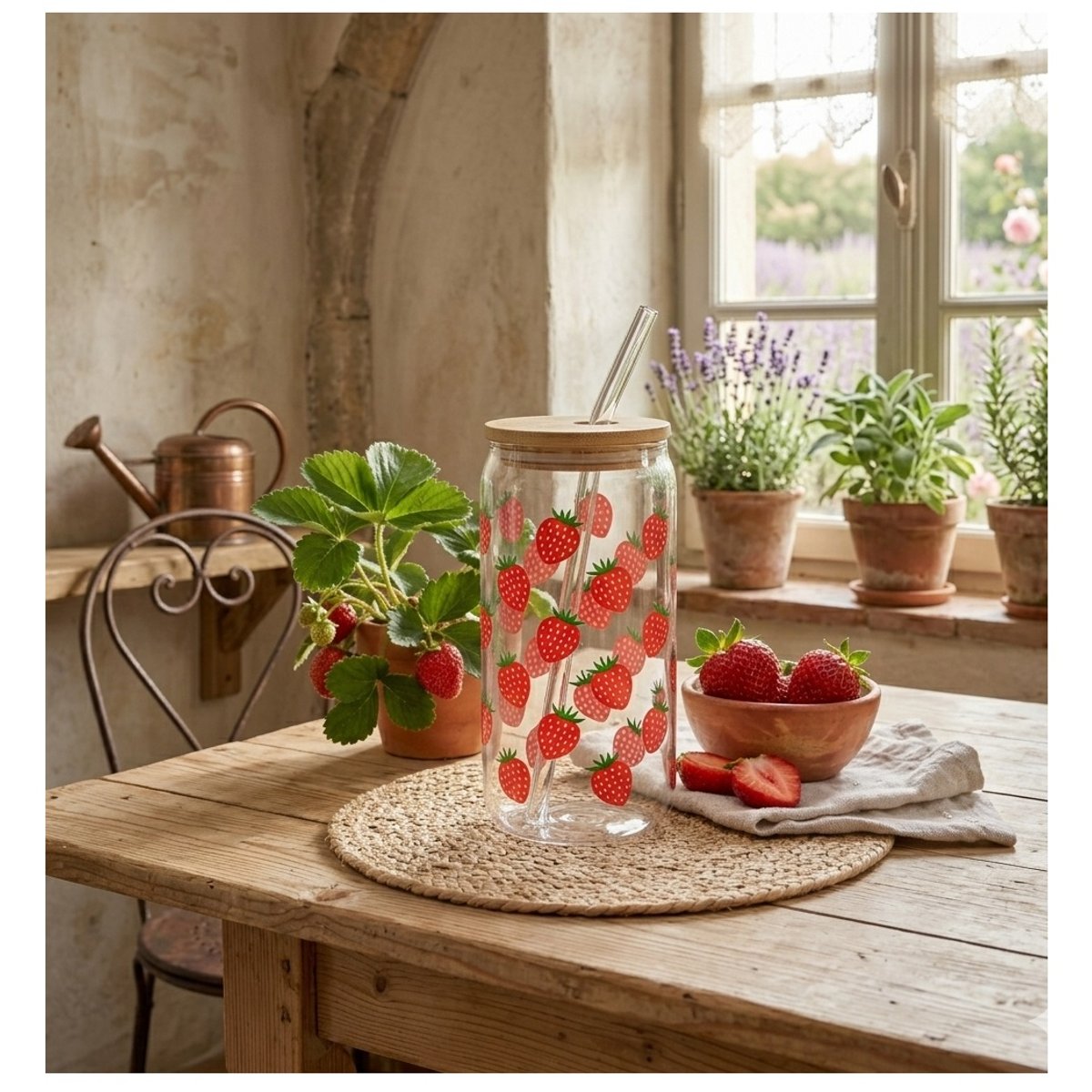 Gourde avec couvercle et paille en verre Fraises rouge, EDEN
