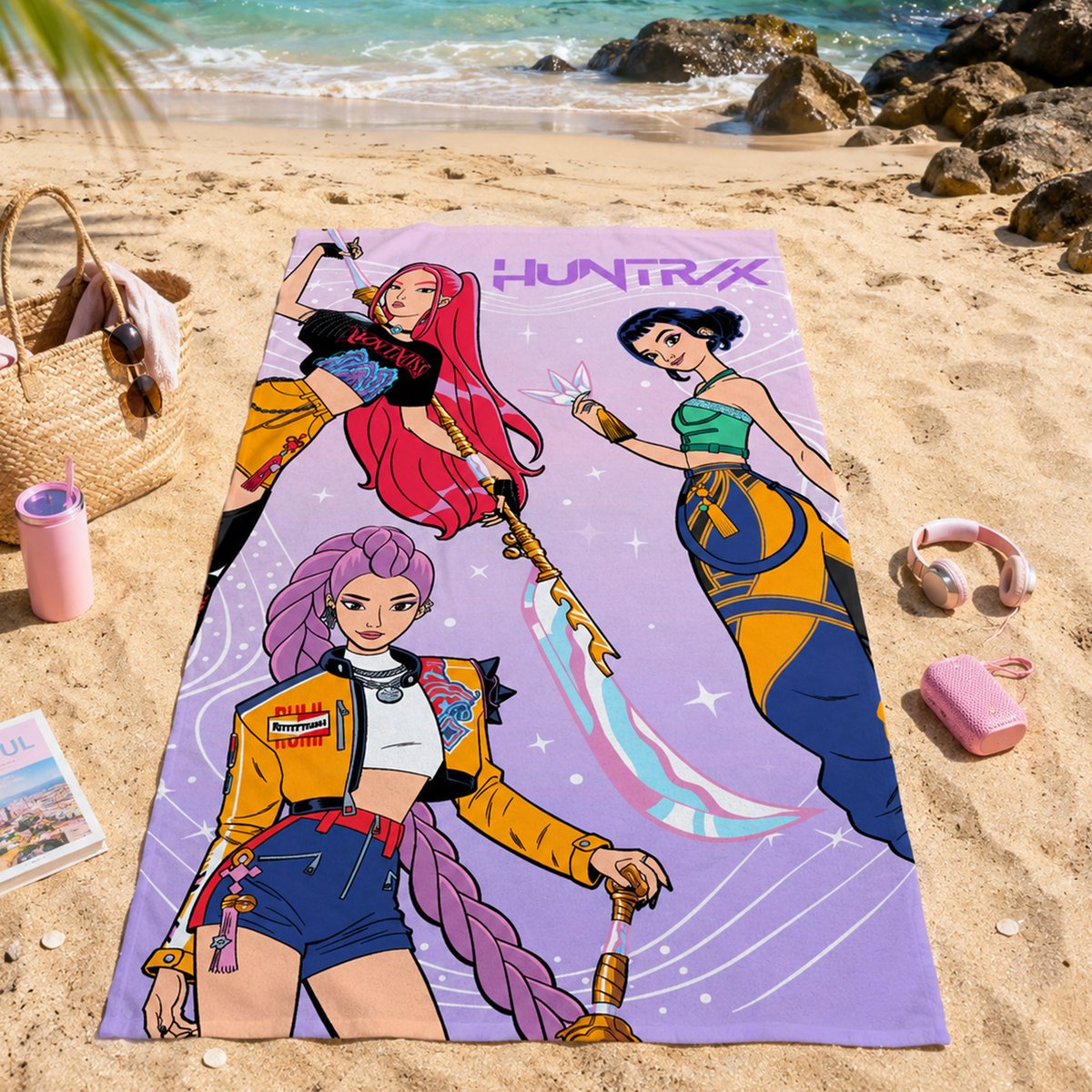Serviette de bain et de plage imprimée 100% coton, TOUR violet, KPOP DEMON HUNTERS
