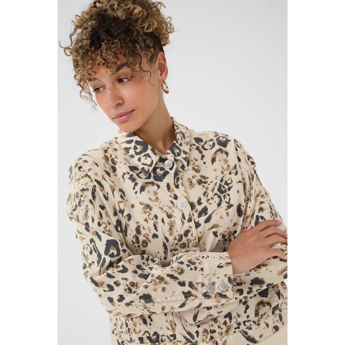 Veste en jean beige oatmeal leopard, CREAM
