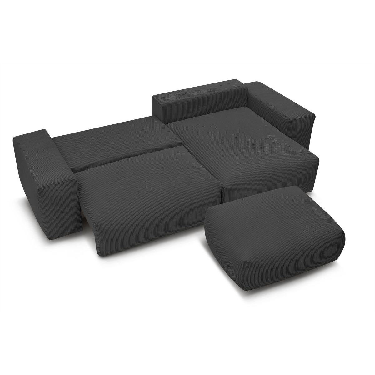 Canapé d'angle convertible 5 places en velours côtelé avec pouf, VOLTAIRE gris foncé, BOBOCHIC