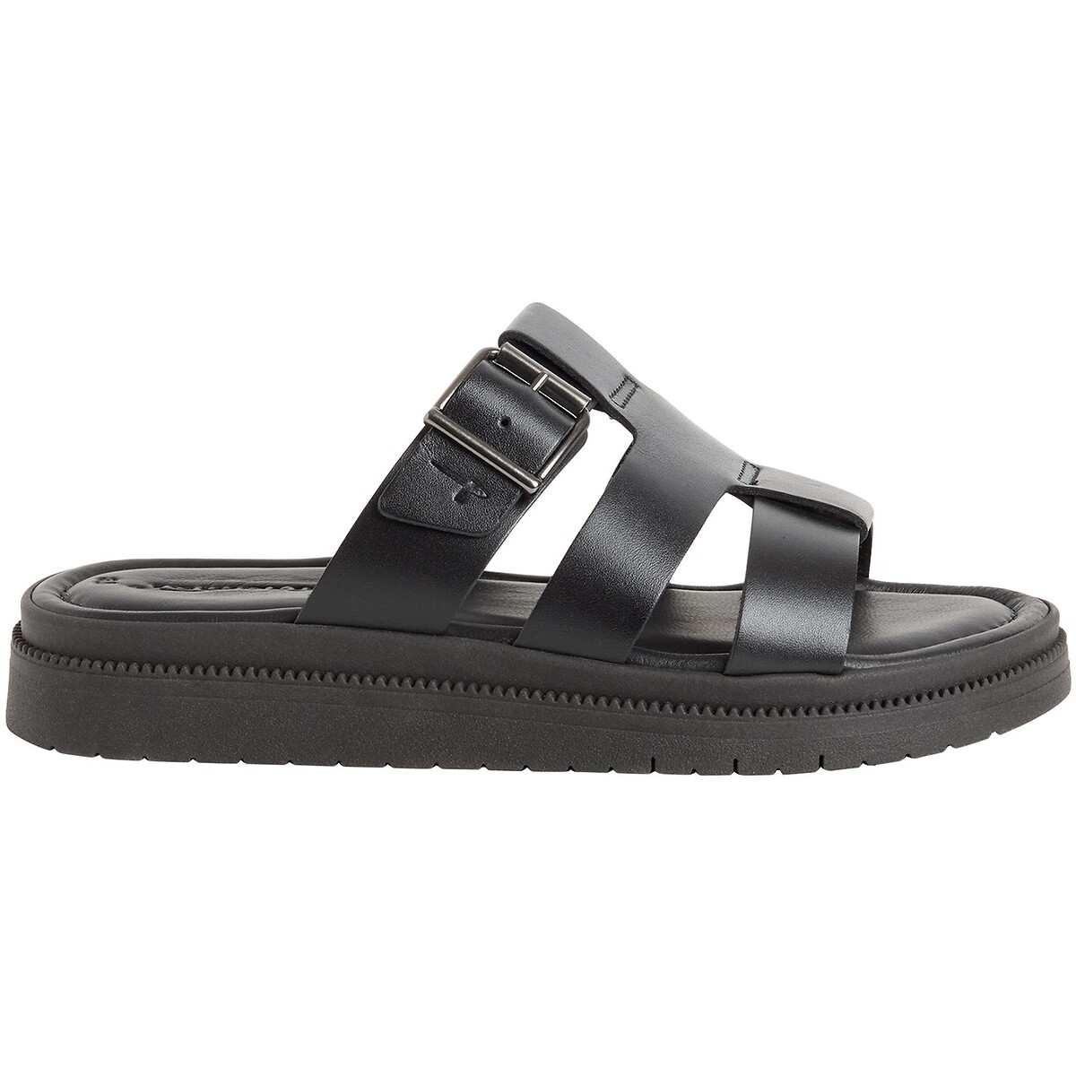 Mules plates en cuir noir, TAMARIS