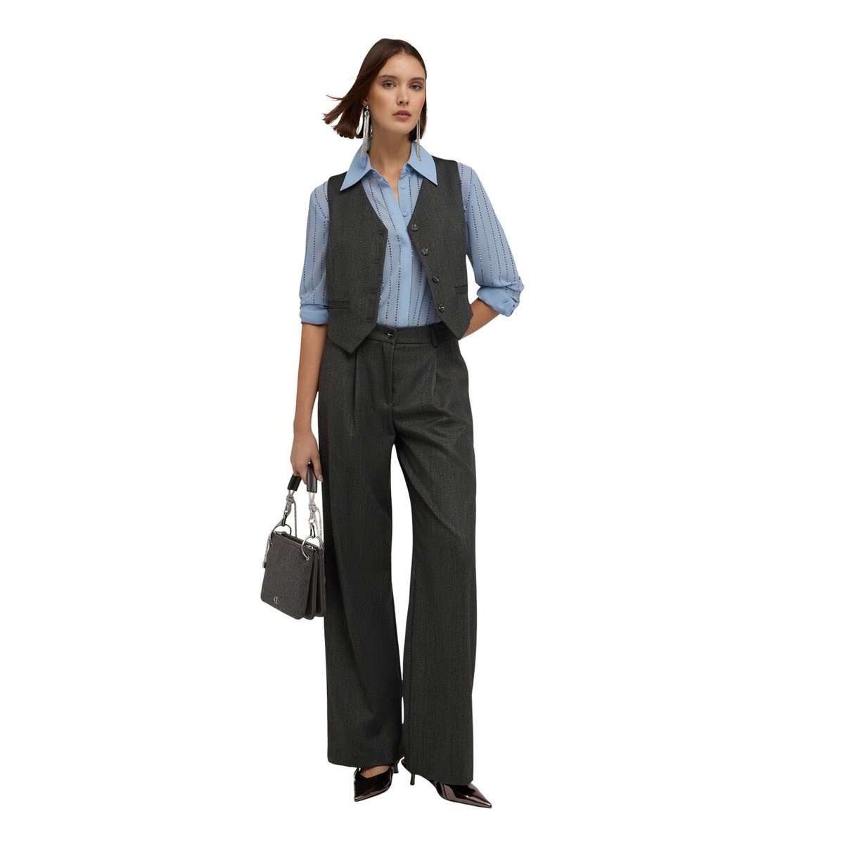 Pantalon palazzo en fil teint gris, MOTIVI