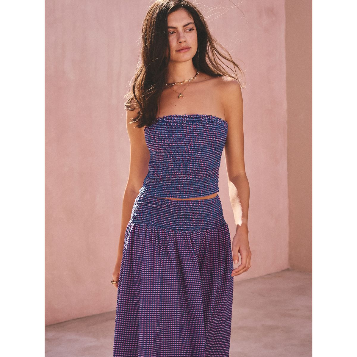 Haut bandeau smocké vingham violet/bleu, NEXT