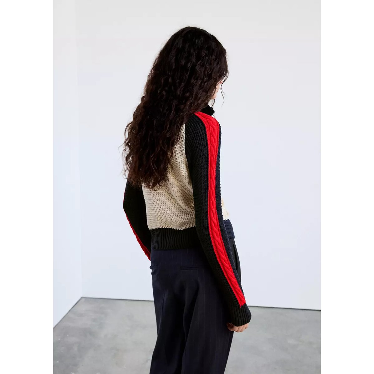 Veste en maille torsadée à rayures contrastées sable, MANGO