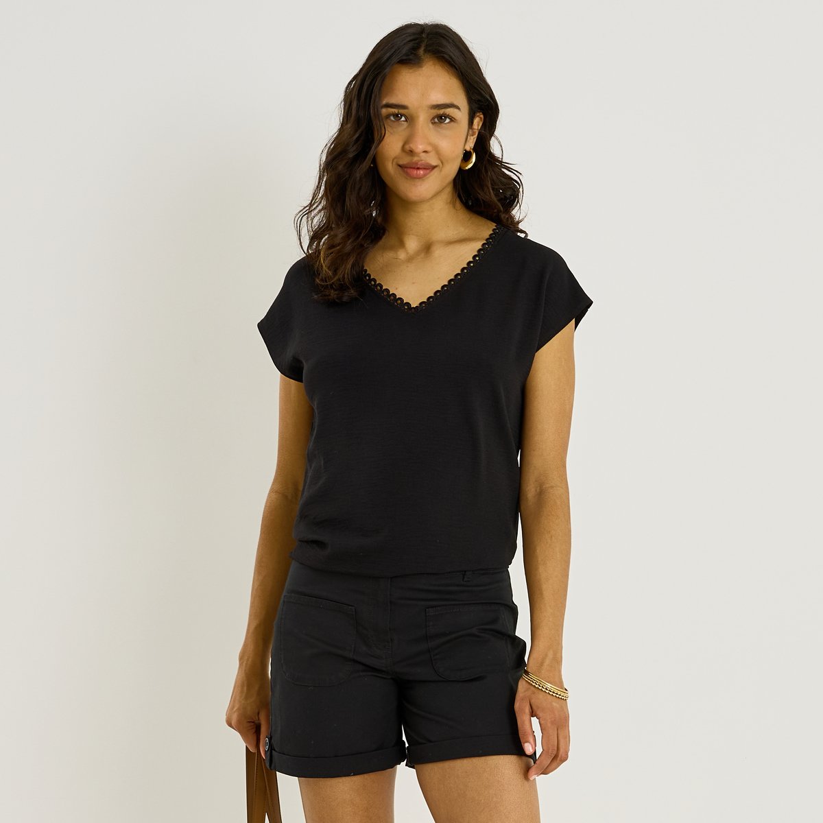 Blouse unie détails ajourés noir, GRAIN DE MALICE