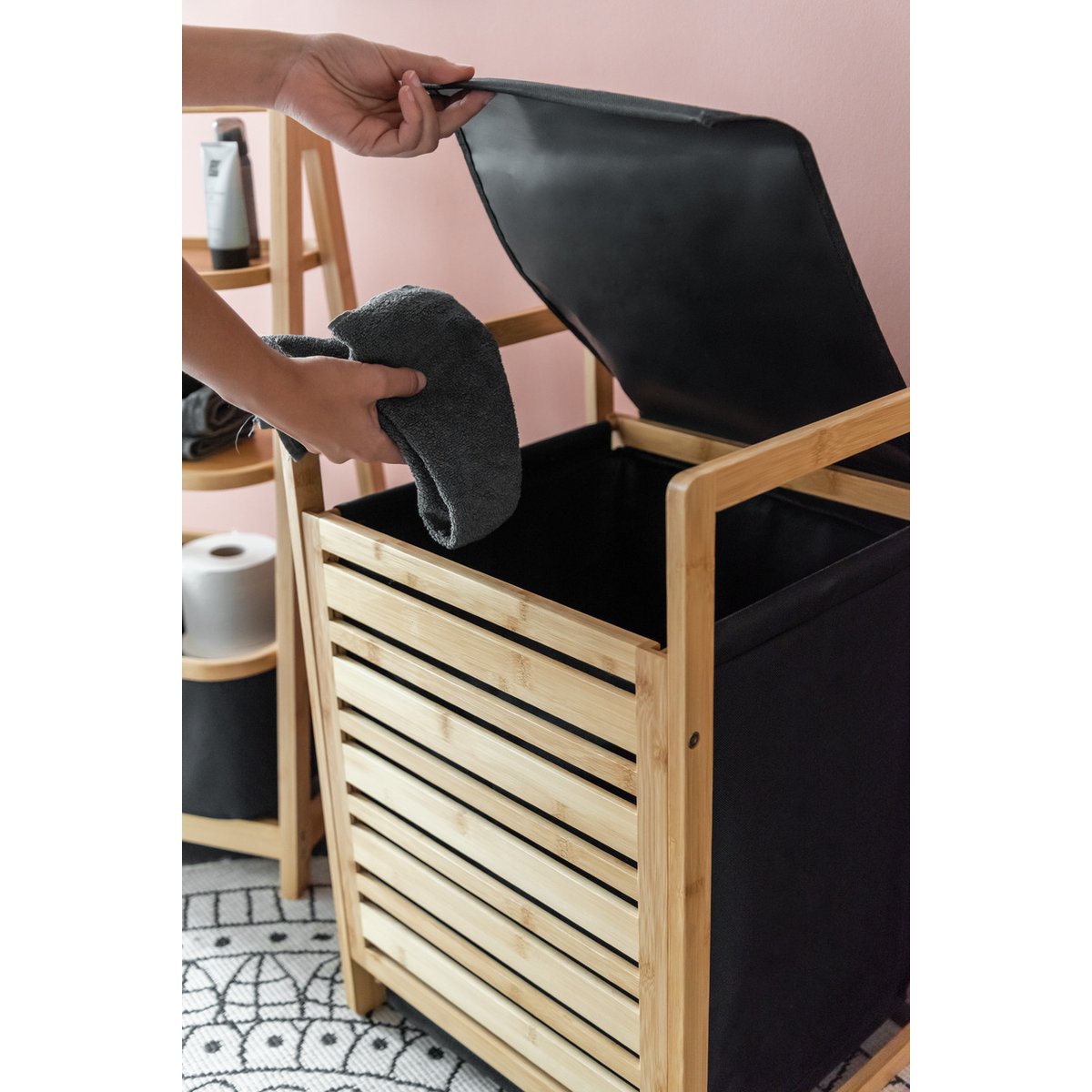 Panier à linge avec sac amovible ECORI noir et bois, WENKO