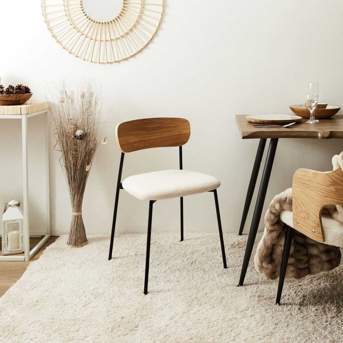 Lot de 4 chaises de table avec assise en bouclette LOKI blanc, TOILINUX