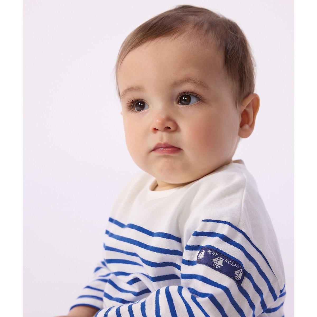 T-shirt marinière, en coton, manches longues rayé bleu, PETIT BATEAU