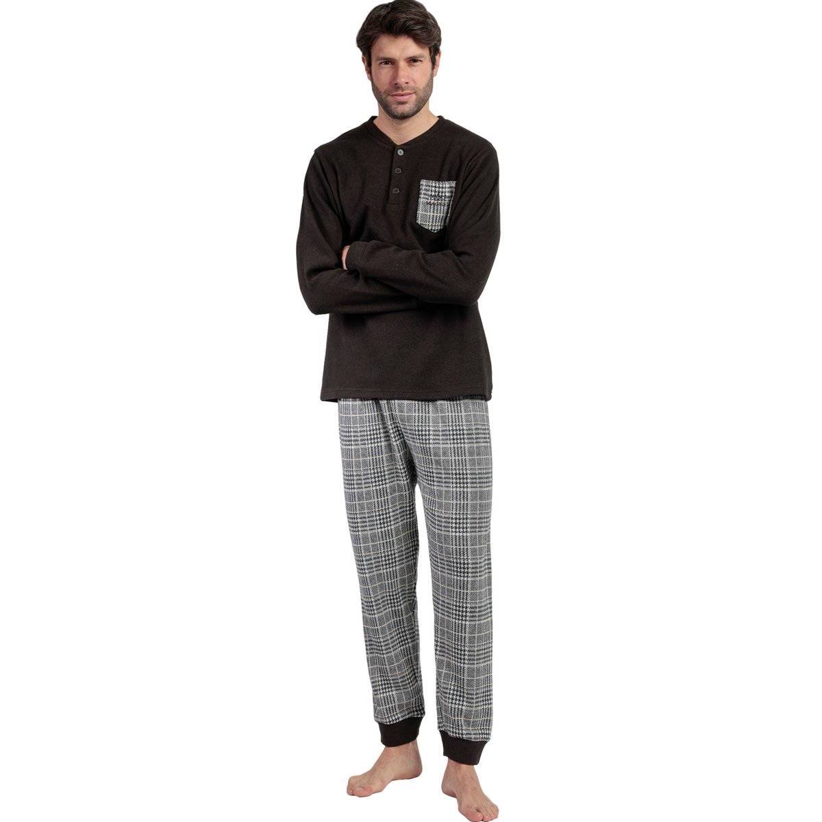 Pyjama pantalon top manches longues Americano marron, ADMAS