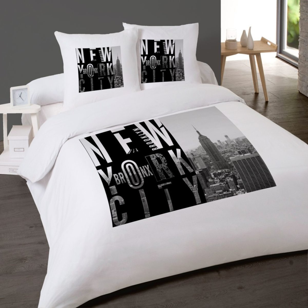 Housse de couette 260x240 BRONX + 2 taies 100% coton blanc, DECORATIE