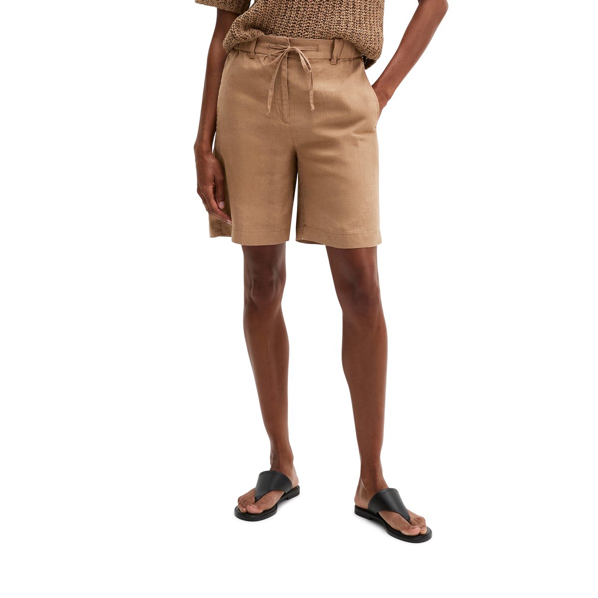 Short en lin large avec une taille élastique à cordon de serrage marron, MARC O'POLO