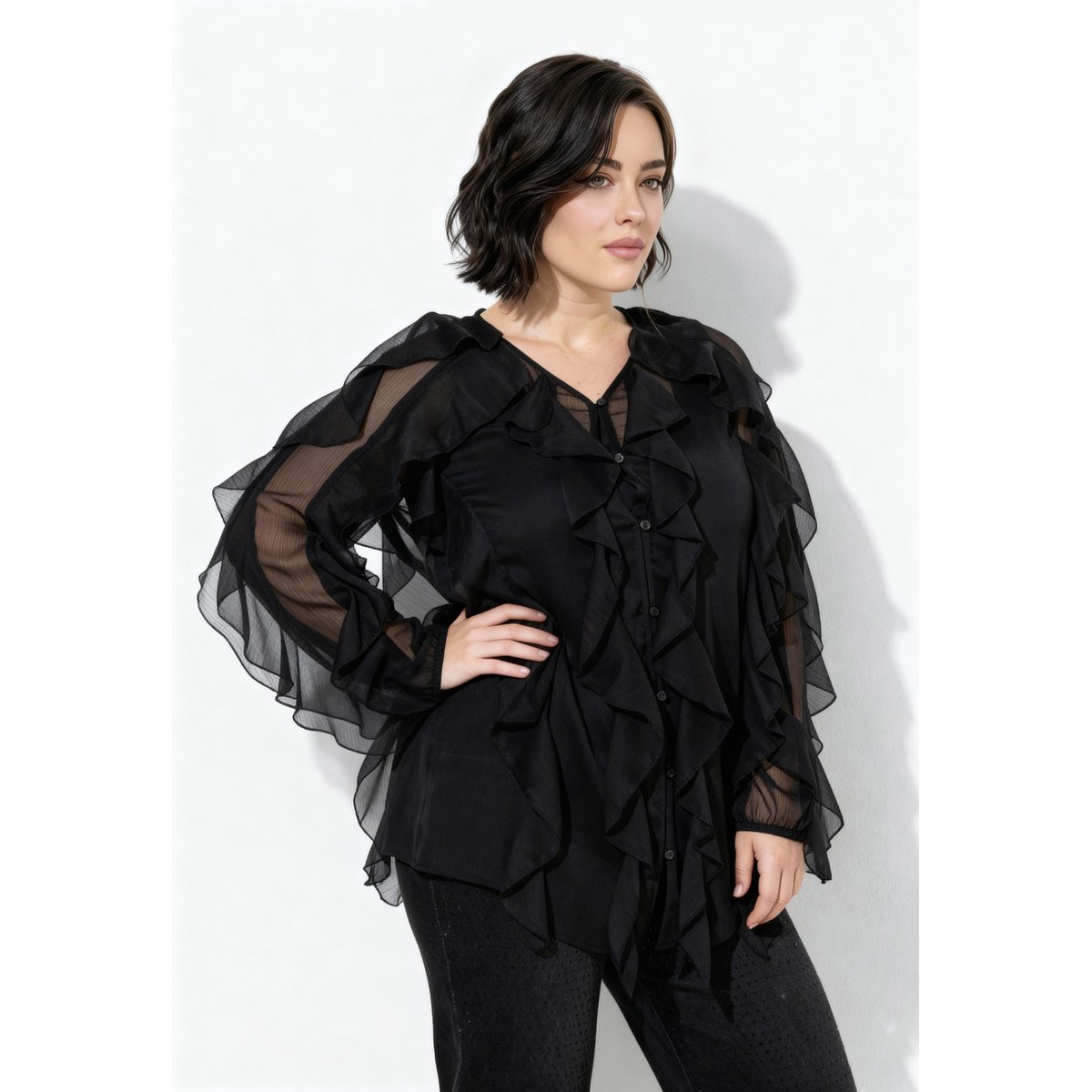 Blouse à volants, coupe évasée noir, ULLA POPKEN