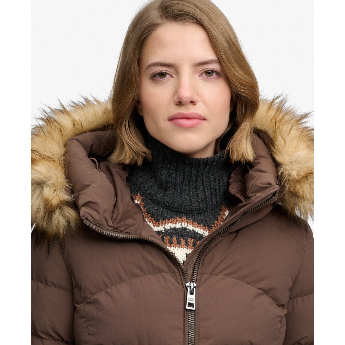 Manteau Fuji Mi-Long à Capuche en imitation Fourrure marron fougère, SUPERDRY