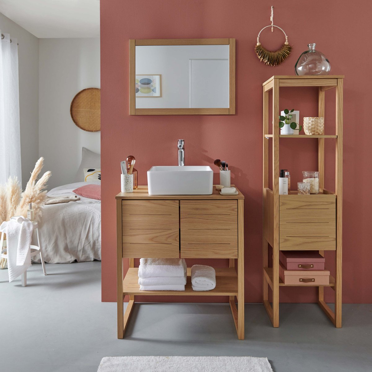 Meuble simple 70cm + vasque + miroir + colonne ATOLL bois clair, MOB IN