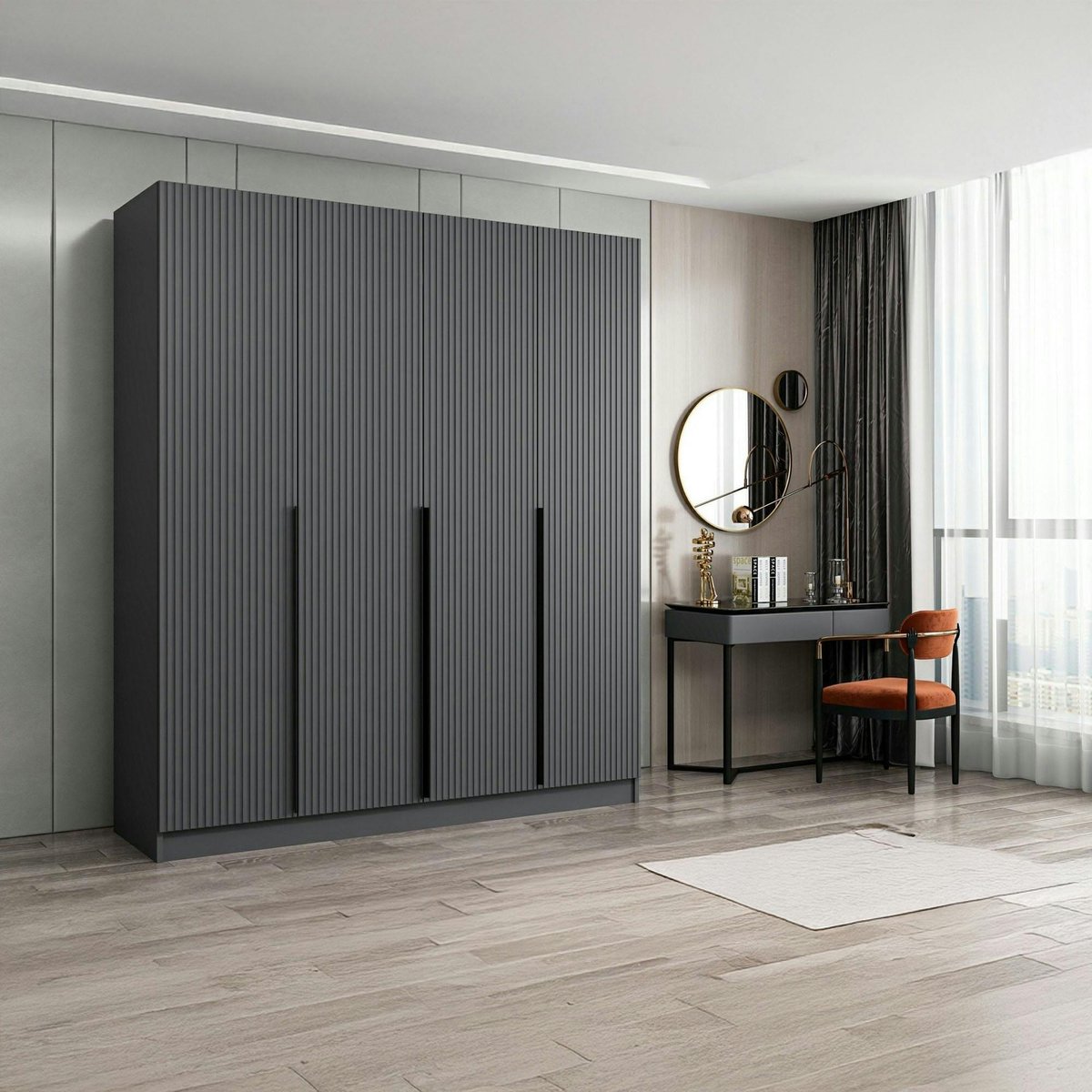 Armoire 4 portes, 1 penderie 8 niches 2 tiroirs BYRON anthracite, PIER IMPORT