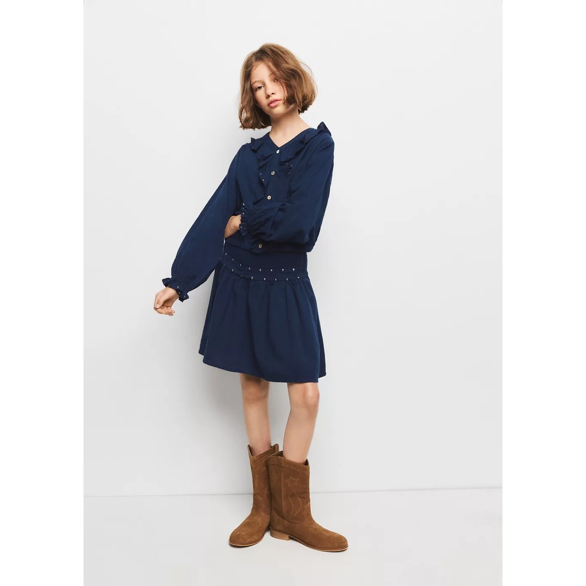 Blouse à volants avec détail de sequins bleu marine, MANGO KIDS