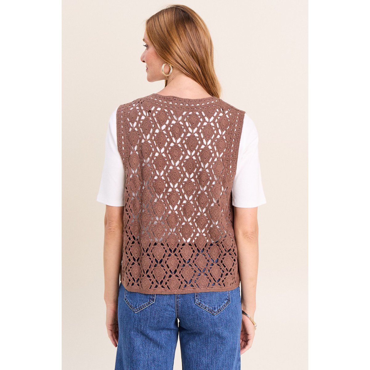 Gilet ajouré coupe droite courte marron, BREAL