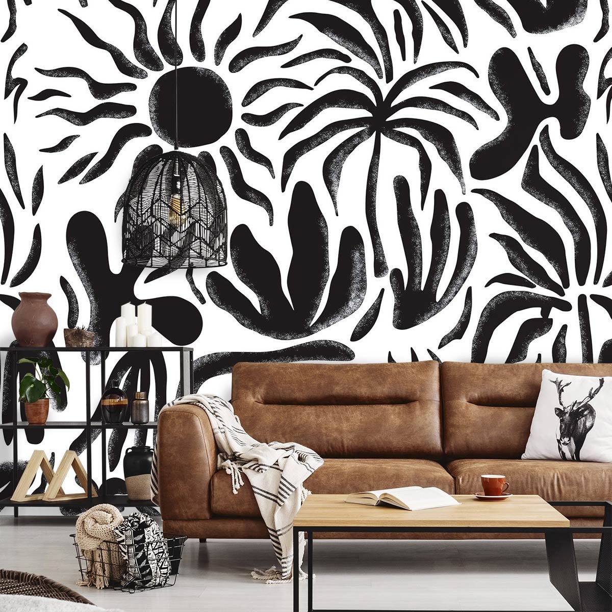 Papier peint plantes et soleil en n&b intissé, HEXOA