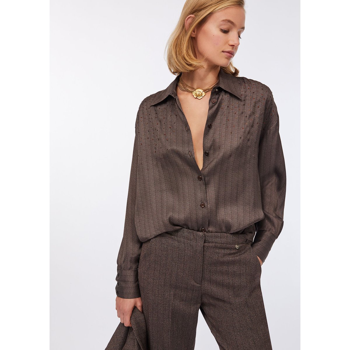 Chemise en satin avec strass marron foncé, LIU JO