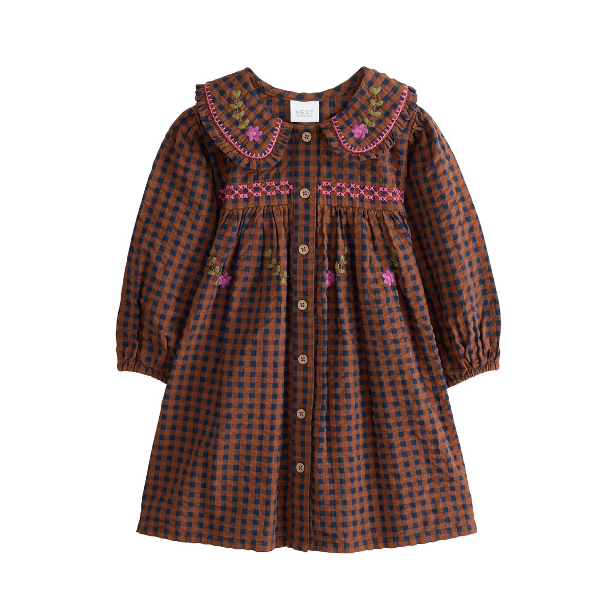 Robe avec col à carreaux brodé marron chocolat, NEXT