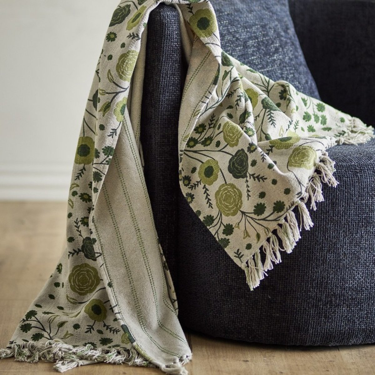 Plaid coton recyclé floral EYDIS vert, BLOOMINGVILLE