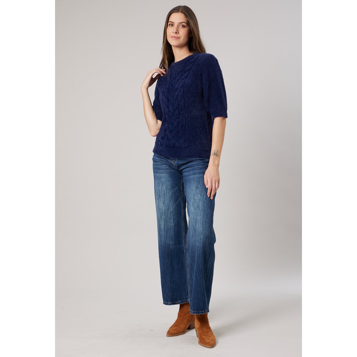 Pull femme en maille torsadée RENATA navy, DEELUXE