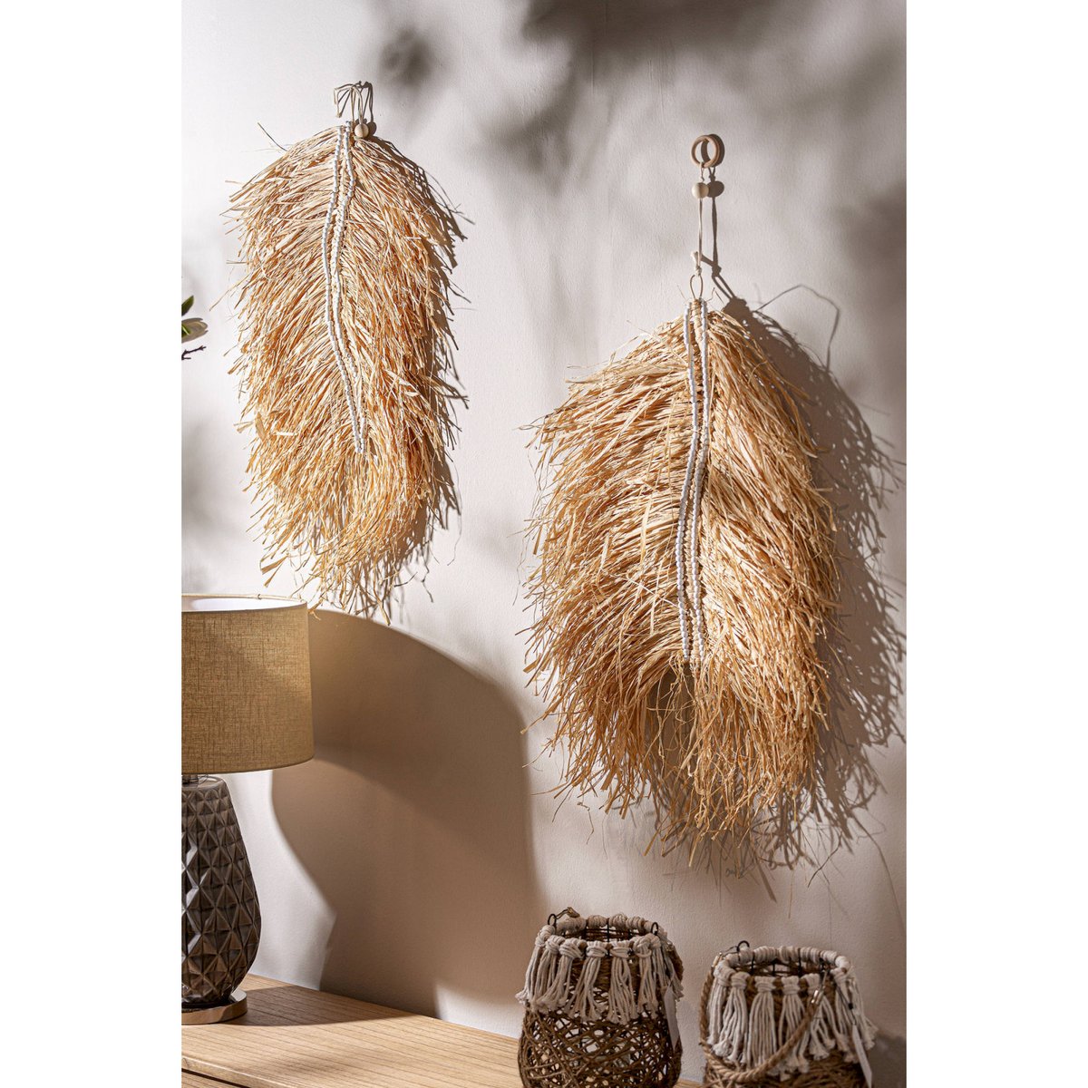 Décoration murale en raphia (lot de 2) beige naturel et détails blancs, RECOLLECTION