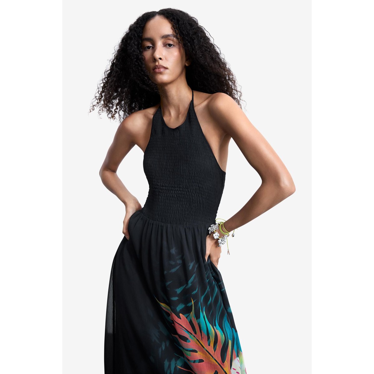 Robe halter tropicale noir, DESIGUAL